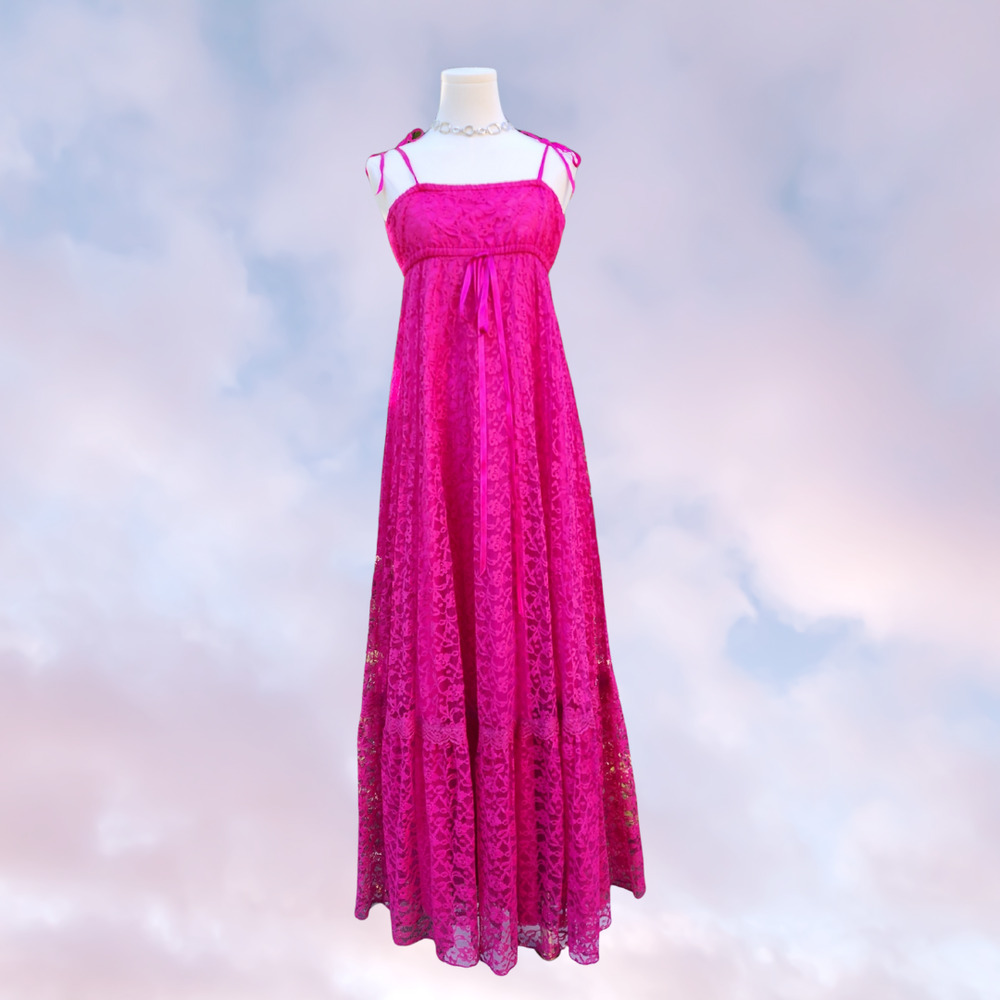 Vtg 60s 70s Union Made Barbie Hot Pink Empire Waist Lace Strappy Maxi Dress Sz S